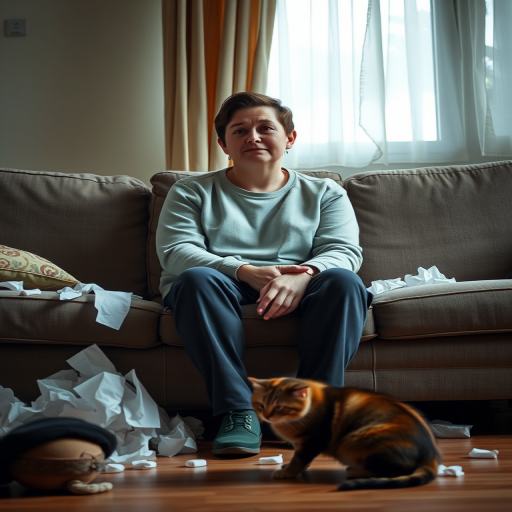 Regenerate the image of a person sitting on a couch with a sad expression, surrounded by tissues and a cat on the floor, using a Canon EOS R5 camera, 50mm lens, aperture f/2.8, ISO 100, shot from a slightly elevated angle for a warm, inviting atmosphere.