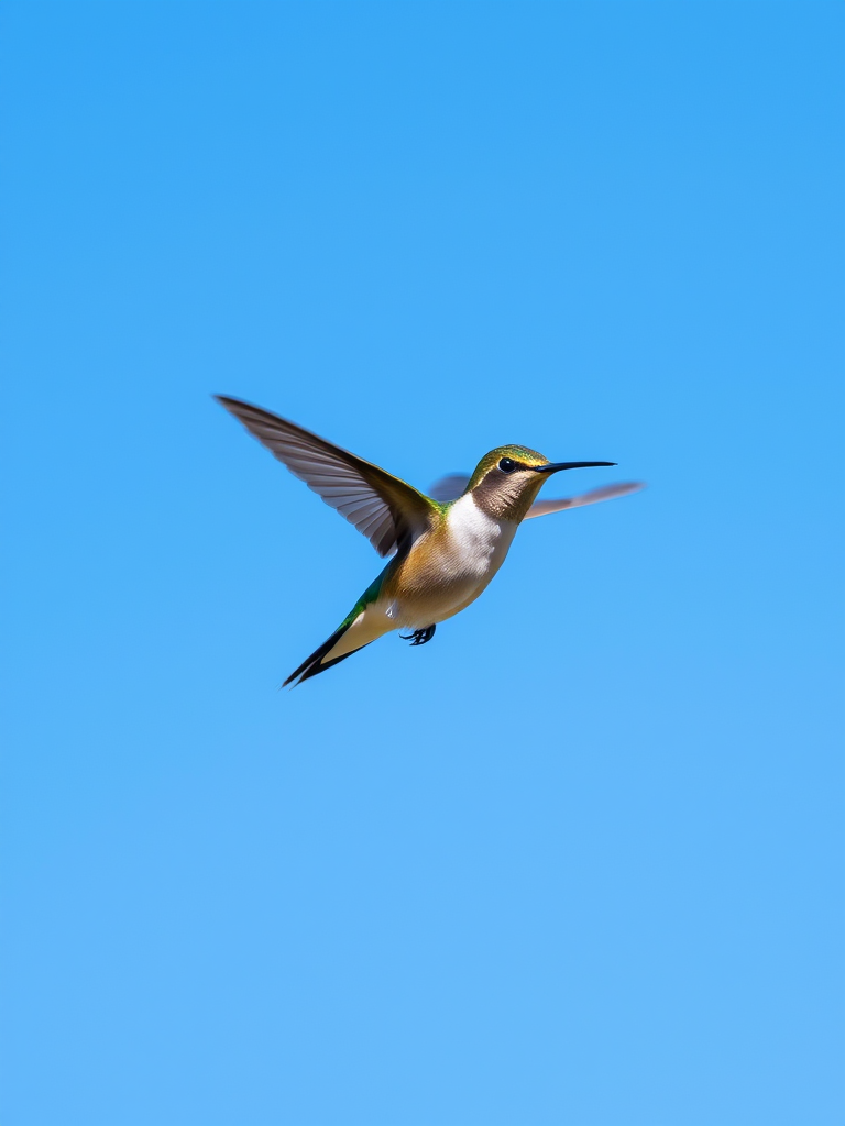 hummingbird in mid-flight against a clear blue sky, aperture f/2.8, shutter speed 1/2000s, ISO 200, 85mm lens, shot with a DSLR camera, focus on the bird with a blurred background to enhance the subject's detail and clarity