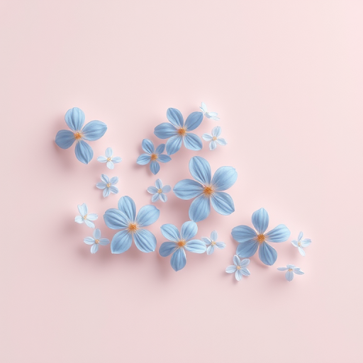 A serene composition of delicate blue flowers floating on a soft pastel surface with gentle bubbles surrounding them, creating a tranquil and calming atmosphere.