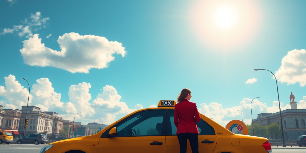 Create an illustration of a taxi in a vibrant city setting with a clear blue sky, fluffy white clouds, and a bright sun, featuring a silhouette of a person in a red jacket standing by the taxi, using a wide-angle lens at f/8, ISO 100, and a shutter speed of 1/250s for enhanced clarity and depth.
