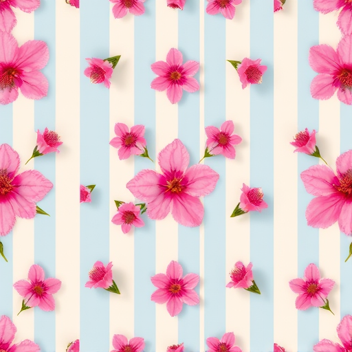 Create a seamless pattern featuring pink flowers on a light blue and cream striped background, captured with a Canon EOS R5, 50mm lens, f/2.8 aperture, ISO 100, natural light, top-down camera angle for clarity and depth.