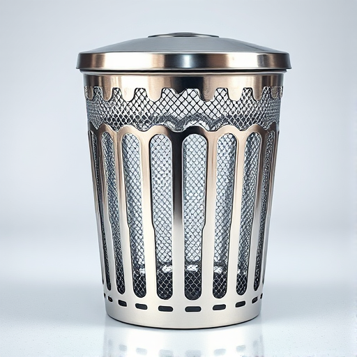 Generate a highly detailed vector illustration of a metallic trash bin, with a reflective surface and intricate mesh design, captured in a high-resolution 4K setting using a DSLR camera at f/8 aperture, ISO 200, 50mm lens, with a soft focus background for depth.