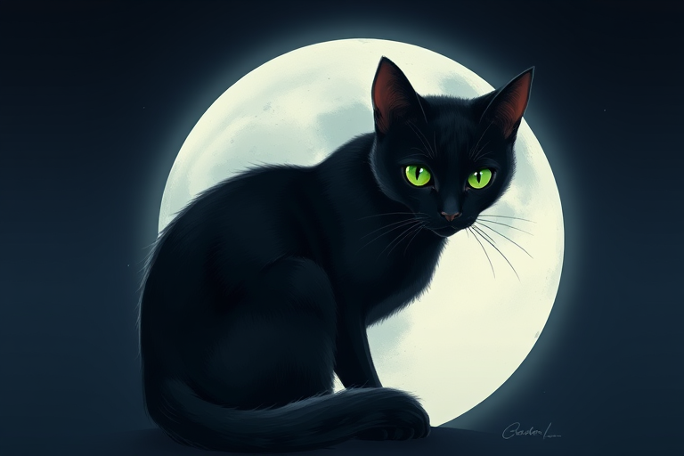 Create a high-resolution illustration of a black cat with striking green eyes, sitting gracefully in front of a large white moon, using a 50mm lens, f/1.8 aperture, natural lighting, and a digital camera for sharp details and contrast.