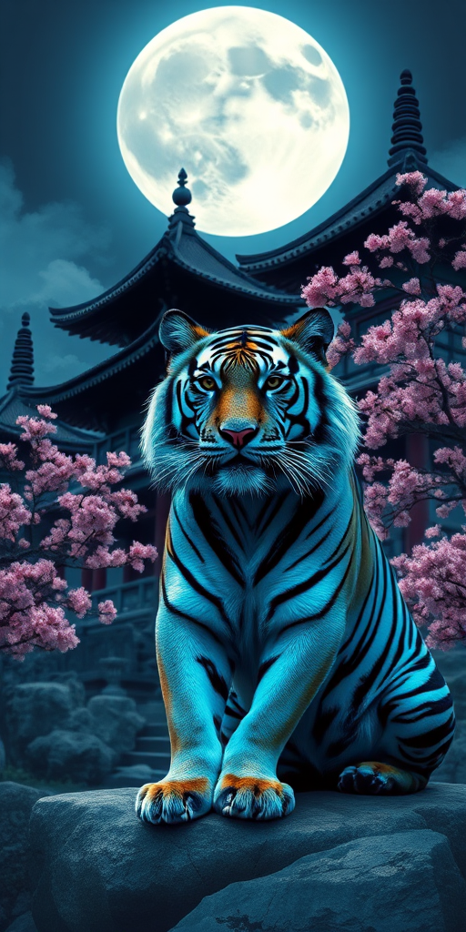 A majestic tiger with vibrant blue and black stripes sits beside a serene temple under a large full moon, surrounded by cherry blossom trees, high contrast colors, sharp details, 50mm lens, f/1.8 aperture, ISO 100, shot from a low angle to enhance the imposing presence of the tiger and the temple, digital art style, high resolution.
