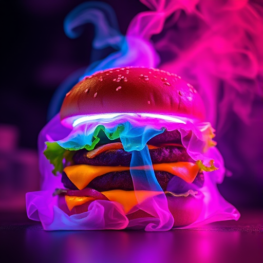 A vibrant, glowing hamburger with neon elements on a dark background, shot with a DSLR camera at f/2.8, 1/60 sec, ISO 200, using a macro lens for close-up detail and a shallow depth of field to enhance the colorful smoke effects around it.
