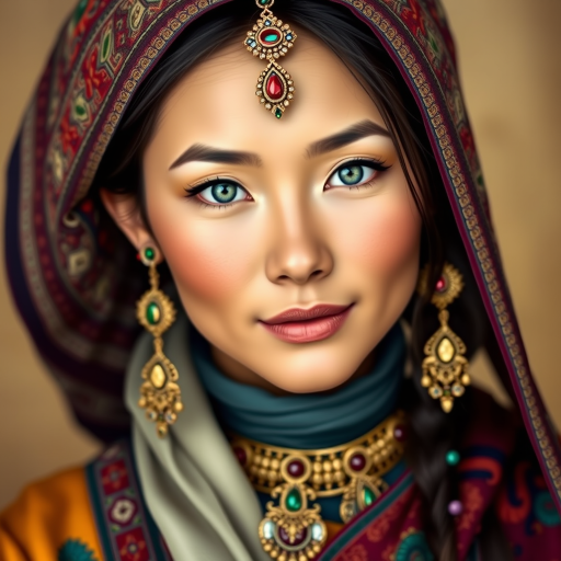 Create a portrait of a beautiful Tibetan woman with striking green eyes and a gentle expression. She is adorned in traditional attire with intricate patterns, including a richly embroidered headscarf and matching garments. Her jewelry includes a delicate headpiece, dangling earrings, and ornate bracelets, all featuring vibrant gemstones and detailed metalwork. The background is soft and warm, enhancing the rich colors of her outfit and jewelry.