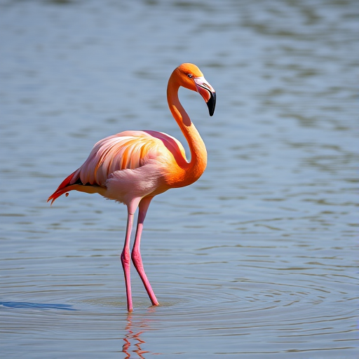 flamingo standing in shallow water, soft natural lighting, wide shot, 50mm lens, aperture f/4, shutter speed 1/200s, ISO 100, captured with a DSLR camera
