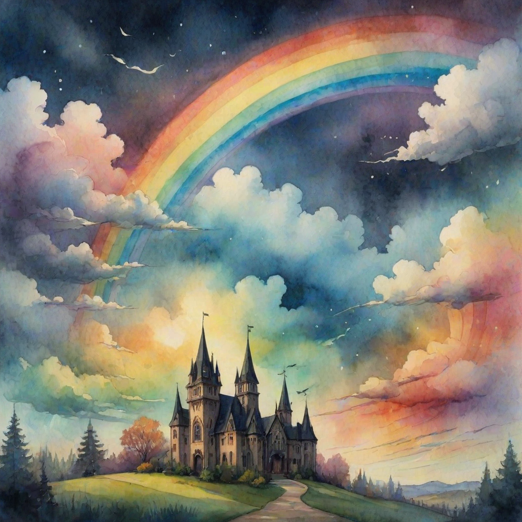 A whimsical and surreal sky with a vibrant rainbow, featuring dramatic lighting effects and a textured watercolor background, with a touch of gothic aesthetic.