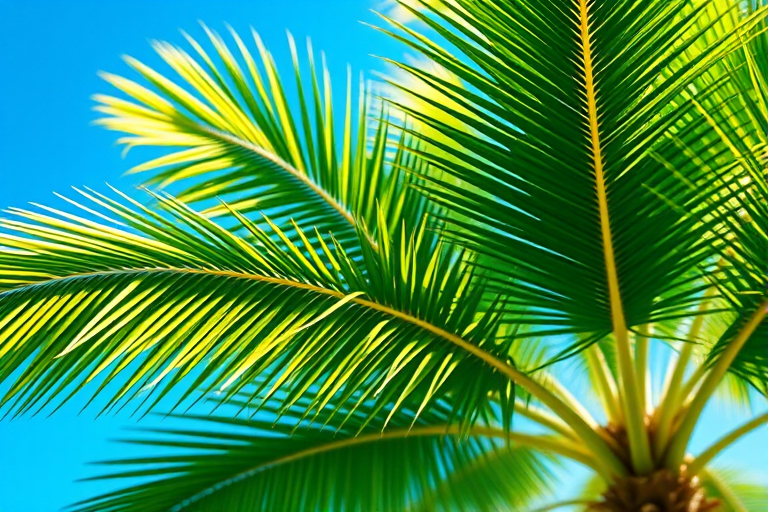 Create a digital illustration of a tropical palm tree with vibrant green leaves, using a Canon EOS R6 camera, aperture f/4, ISO 100, 50mm lens, shallow depth of field, soft natural lighting, and a bright blue sky background.
