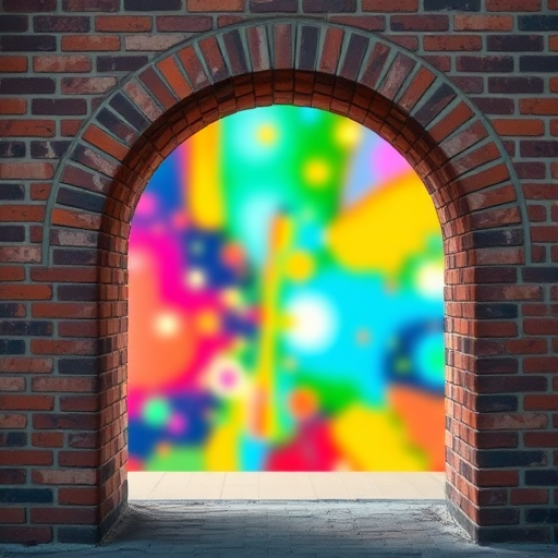 Create an image of a brick archway leading to a colorful abstract background, captured with a DSLR camera, using a wide-angle lens at f/8, ISO 100, shutter speed 1/125 sec, with a slight vignette effect to enhance depth.