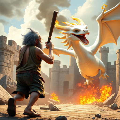 Cartoon 3D High-Resolution,dynamic battle scene using Unreal Engine 5 and Octane Render. The scene features back of an elderly, thai man with a beard,messy hair and round golden-rimmed glasses. He is wearing a tattered tank top with soot marks, shorts, and sandals. sweating. he wields a baseball bat. He jump to fight with a white fire-breathing Europe dragon amidst a partially destroyed stone castle. Include intense flames, smoke, and debris to enhance the dramatic effect.