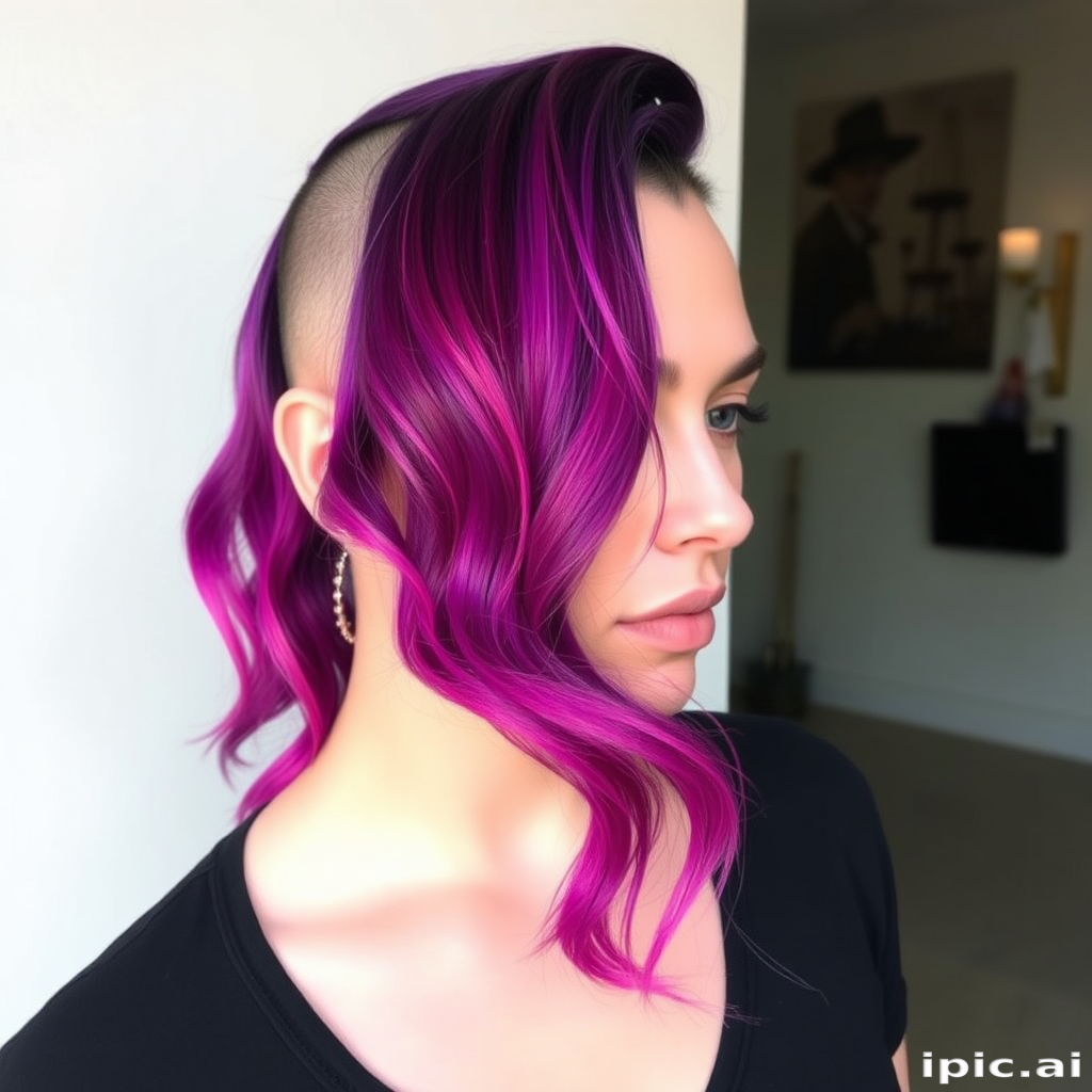 Daring trendsetter rocking a half-shaved head with long, wavy tresses on one side, colored in a bold purple to magenta ombré gradient