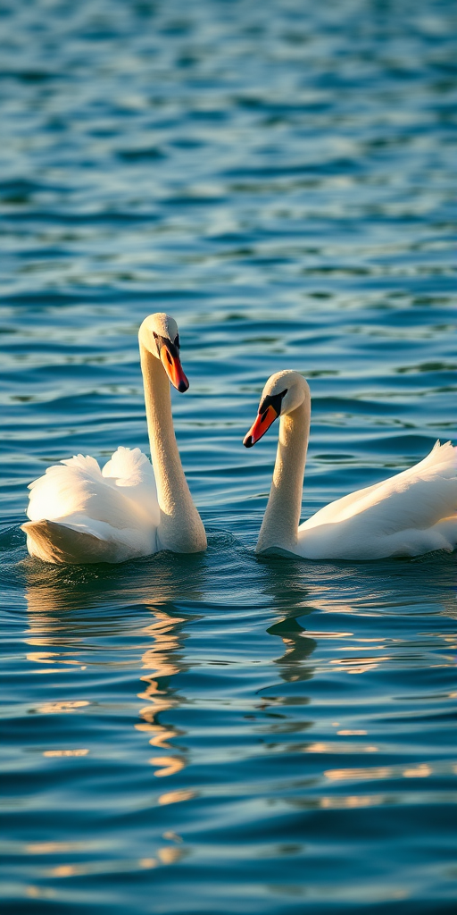 capture a serene image of two swans swimming gently in clear blue waters during golden hour with a shallow depth of field, focal length 85mm, aperture f/2.8, ISO 200, shutter speed 1/200s, using a DSLR camera with a 50mm lens, soft natural lighting, and a slight reflection on the water surface