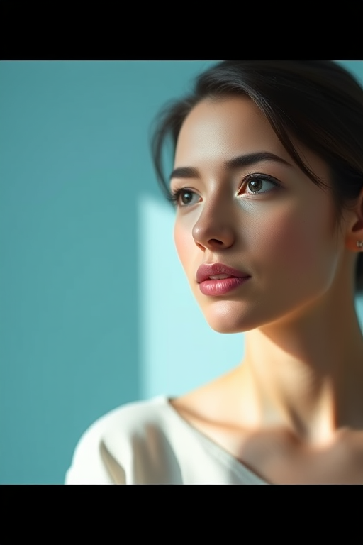 Create a minimalist portrait of a person with a light blue background, soft lighting with a Canon EOS R5, 50mm lens at f/2.8, ISO 100, 1/200s, using a shallow depth of field to enhance the subject's features.
