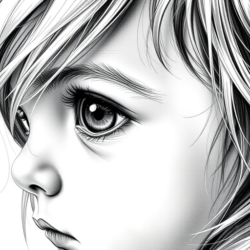 A hyperdetailed photorealistic black and white sketch of a beautiful toddler with green eyes  a macro focus make the right side a mirror image of the left half of the face