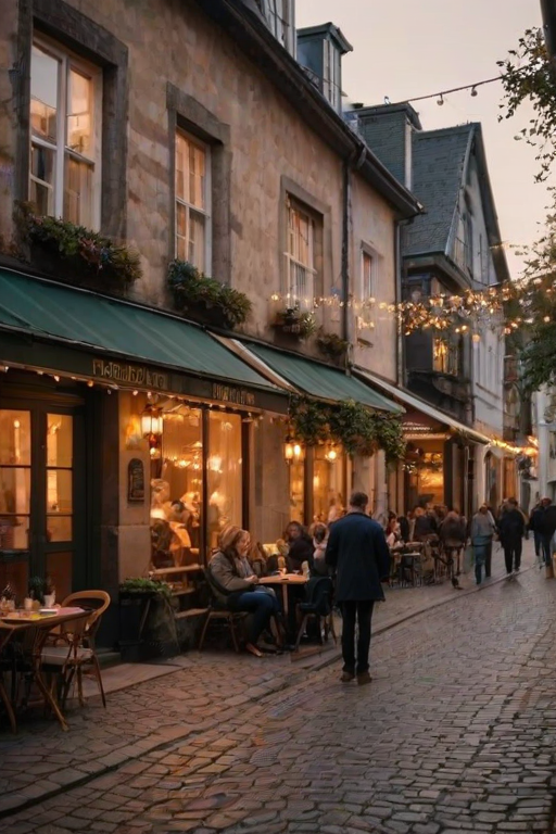 Charming cafe on a cobblestone street, warm light spilling from its windows, with couples enjoying their evening coffee under twinkling string lights.
