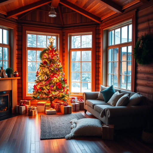 Cozy interior of a warmly lit room with wooden flooring decorated for Christmas featuring a beautifully adorned Christmas tree with colorful lights and presents underneath it large windows letting in soft natural light a comfortable seating area with plush cushions and a festive wreath hanging on the wall