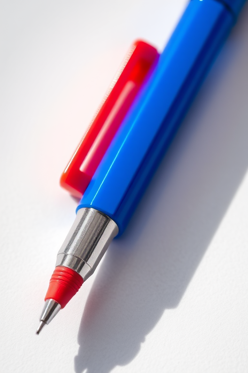 A vibrant blue pen with a red rubber grip casting a soft shadow on a white surface, photographed with a macro lens at f/2.8, ISO 100, 1/250 sec, top-down view, using a DSLR camera to enhance color saturation and detail.