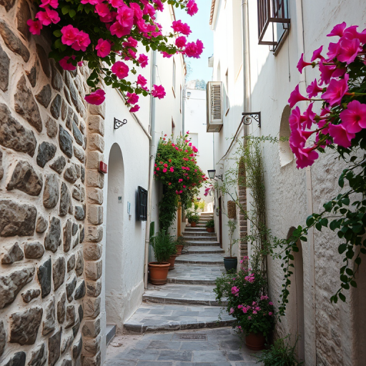 Regenerate the image of a narrow stone alleyway with blooming flowers and whitewashed buildings, using a DSLR camera with a 35mm lens, aperture set to f/4, shutter speed 1/250, ISO 100, natural lighting, shoot from a low angle to capture depth and enhance colors while ensuring a shallow depth of field.