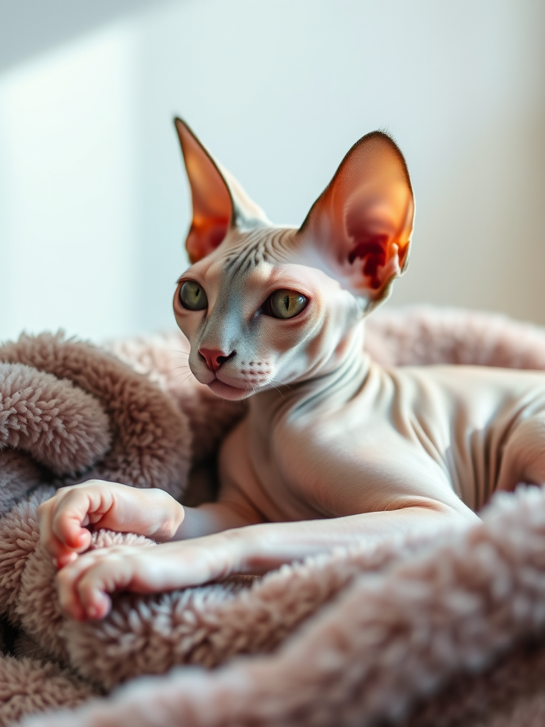 A close-up photograph of a beautiful sphinx cat lounging comfortably on a plush blanket, its skin shimmering under soft, natural light, highlighting the delicate details of its fur-free body and expressive eyes