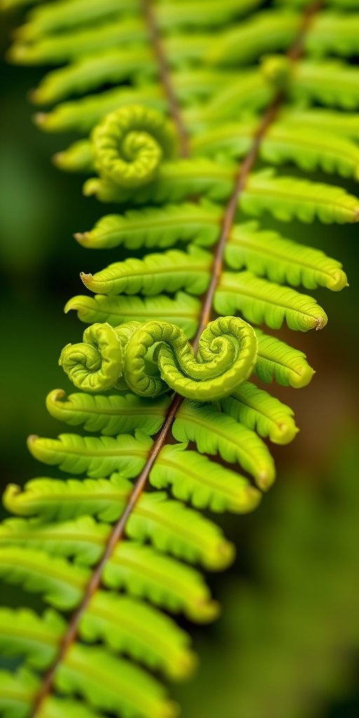 Capture a close-up of a fern leaf with its intricate curled fronds, using a macro lens, aperture f/2.8, shutter speed 1/250 sec, ISO 100, natural lighting, and a shallow depth of field to enhance detail and vibrancy.