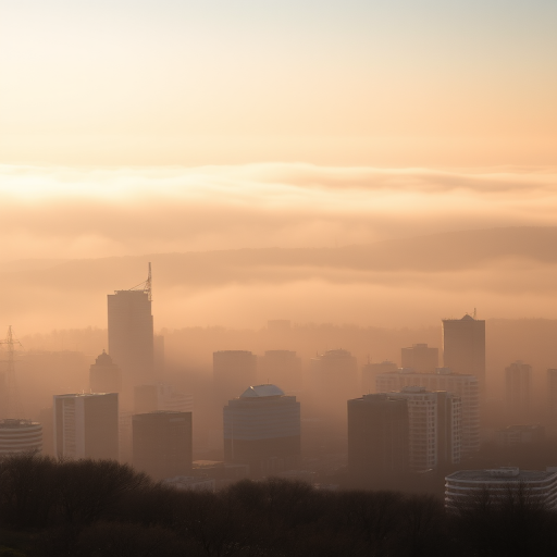 Regenerate a landscape image of a city shrouded in morning fog, captured with a DSLR camera with a 50mm lens at f/1.8, ISO 100, 1/200s, shot from a high vantage point to emphasize depth, soft focus on the fog silhouettes and warm light filtering through.