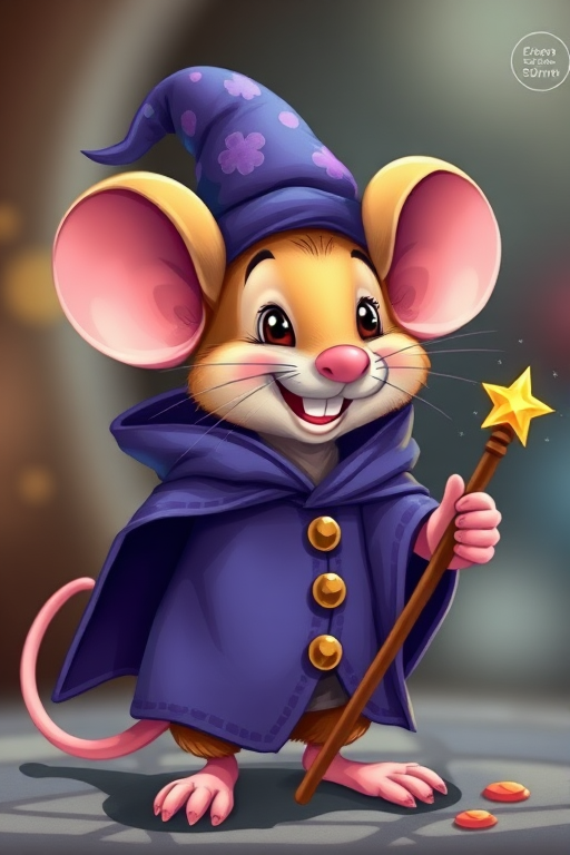 Create a whimsical illustration of a cheerful mouse wearing a wizard hat and robe, holding a magic wand with a sparkling star, with vibrant colors and playful expressions, shot with a Canon EOS R5 at f/8, 50mm lens, in natural light, with a shallow depth of field to enhance focus on the mouse.