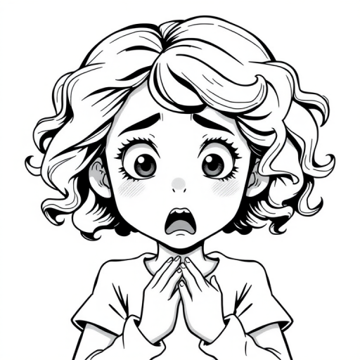 The image is a black and white illustration of a young girl with curly hair. She has a surprised expression on her face with her mouth open and her hands clasped together in front of her chest. Her eyes are wide and her eyebrows are furrowed. Her hair is styled in loose curls that are cascading down her back. The overall mood of the image is one of shock or surprise.