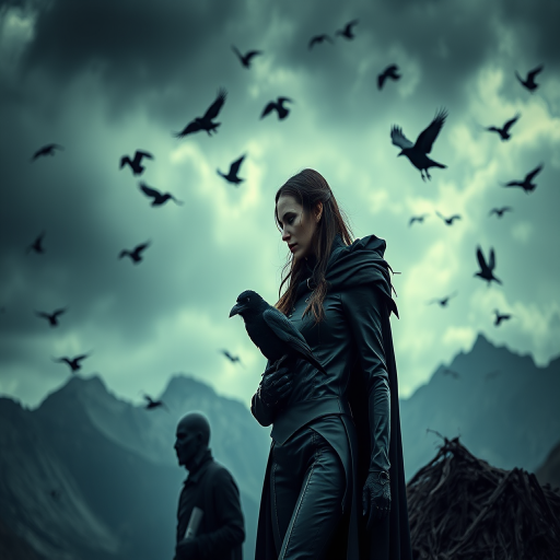 Regenerate the image of a dark fantasy scene featuring a mysterious woman in a black leather outfit with a raven perched on her arm alongside a humanoid figure with a raven head, surrounded by a dramatic backdrop of mountains and crows flying in the sky, shot with a Canon EOS R5, ISO 100, f/1.8, 50mm lens, in a low-light atmosphere with high contrast and rich details.