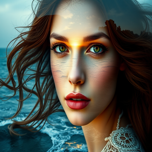 design Book cover, A surreal double exposure portrait that blends a woman's face with a beautiful seascape. The overall mood is dreamy and mystical, with rich colors and intricate details