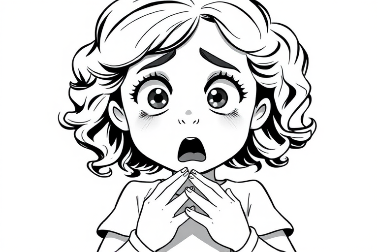 The image is a black and white illustration of a young girl with curly hair. She has a surprised expression on her face with her mouth open and her hands clasped together in front of her chest. Her eyes are wide and her eyebrows are furrowed. Her hair is styled in loose curls that are cascading down her back. The overall mood of the image is one of shock or surprise.