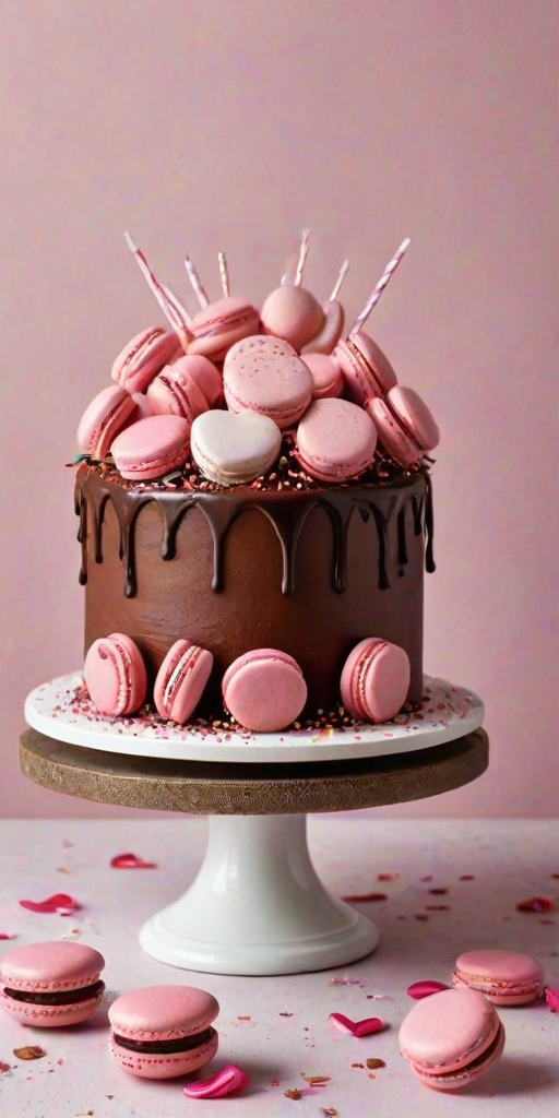 Create an image of a round chocolate cake topped with pink macarons and heart-shaped decorations. The cake should have a smooth chocolate frosting and be adorned with delicate whipped cream swirls. Add sprinkles and edible glitter for a festive touch, with a soft, light-colored background.