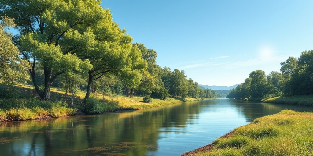 Generate a detailed illustration of a serene landscape with a calm river surrounded by lush trees under a clear blue sky, taken with a DSLR camera at f/8 aperture, 1/250 shutter speed, ISO 100, using a wide-angle lens from a low angle to capture depth and clarity.