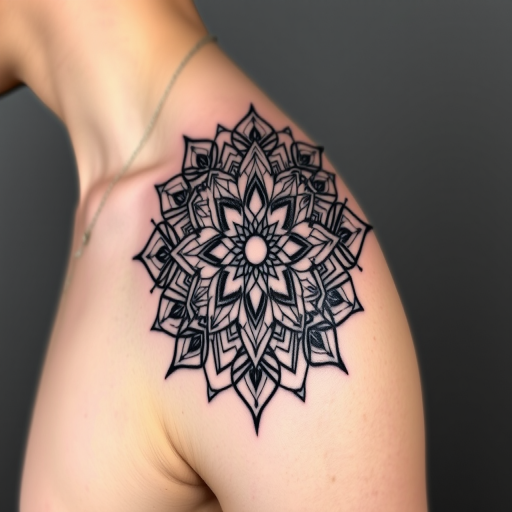 Geometric blackwork tattoo featuring an intricate mandala design on the shoulder blade, composed of bold shapes and intricate patterns, symmetrical and mesmerizing