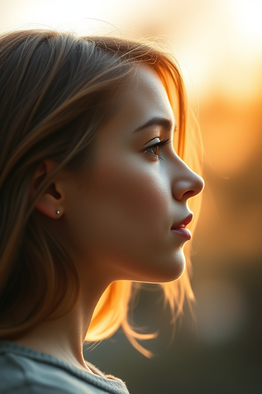 portrait of a young woman in profile, soft natural light, shallow depth of field, 50mm lens, f/1.8, ISO 100, aperture priority mode, warm color tones, bokeh background