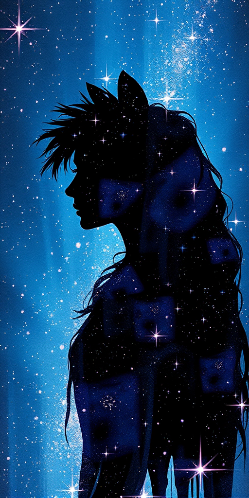 Captivating conceptual render alcohol ink art, double exposure, the paint strokes artfully merge combining a woman's full silhouette with a Adorable alpaca's silhouette. The figures are composed of a series of colored dots, lines & spots that evoke the image of a cosmic galaxy, colors are deep shades of blue purple & black with flashes of white & silver representing distant stars. The woman's silhouette is formed within the lion's silhouette from constellations of scattered stars, surreal