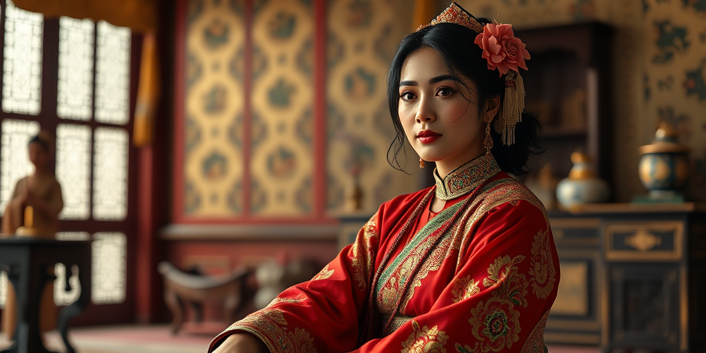 A beautiful Nepali woman in traditional East Asian attire, intricately detailed with embroidered patterns, sitting gracefully in a richly decorated room, soft ambient lighting, serene and elegant, ultra-realistic, 8K resolution