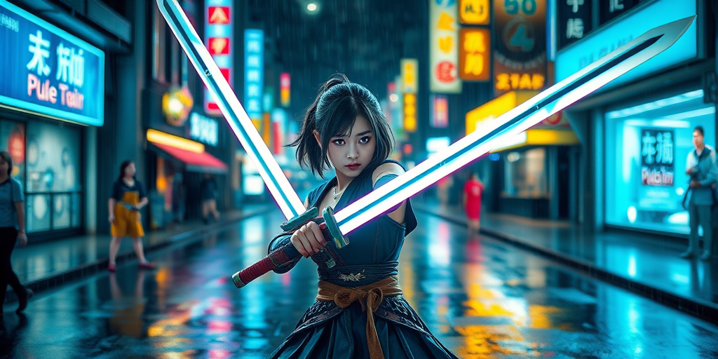 Create a vibrant street scene at night featuring a young female warrior wielding two glowing swords in a rain-soaked urban environment with colorful neon signs reflecting on the pavement, shot with a full-frame DSLR at f/2.8, ISO 400, 24mm lens, using a shallow depth of field to focus on the character while blurring the background slightly for dramatic effect.