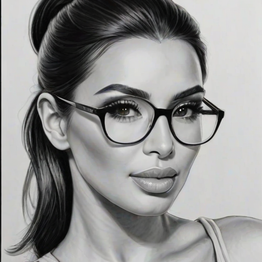 Delightful Kim Kardashian, pencil sketch, portrait of Alluring woman 1957s in glasses, hair style beatnik, outline, clear lines, fine lines, 8k