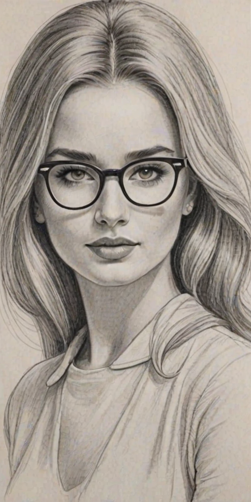 Bewitching Veronica Dunne, pencil sketch, portrait of Stunning woman 1962s in glasses, hair style beatnik, outline, clear lines, fine lines, 8k