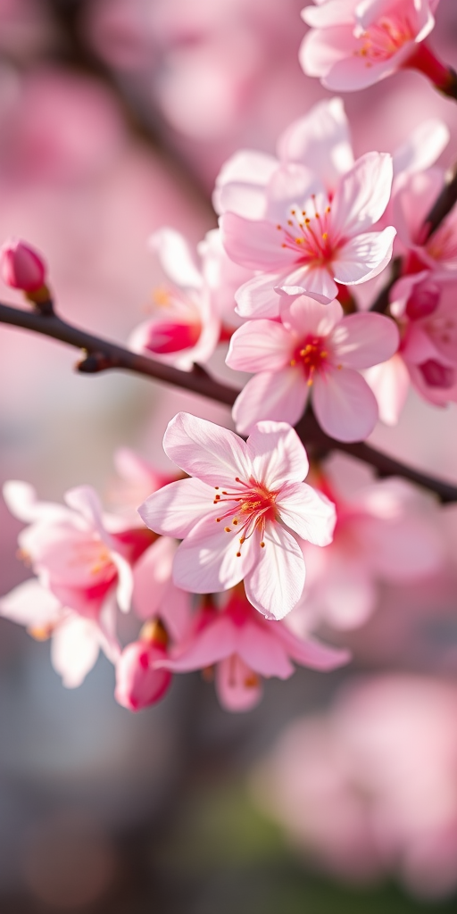 Close-up of pink cherry blossoms on a branch with soft lighting, shallow depth of field, ISO 100, aperture f/2.8, 50mm lens, DSLR camera, natural light.