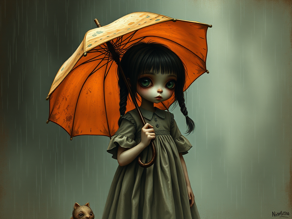 An eerie, weird little girl with dark hair in thin pigtails, wearing a smock dress, standing in the rain, holding a dirty orange umbrella, a small, odd creature beside her. In a surreal style inspired by Nicoletta Ceccoli and Brian Froud. Dark fantasy themes