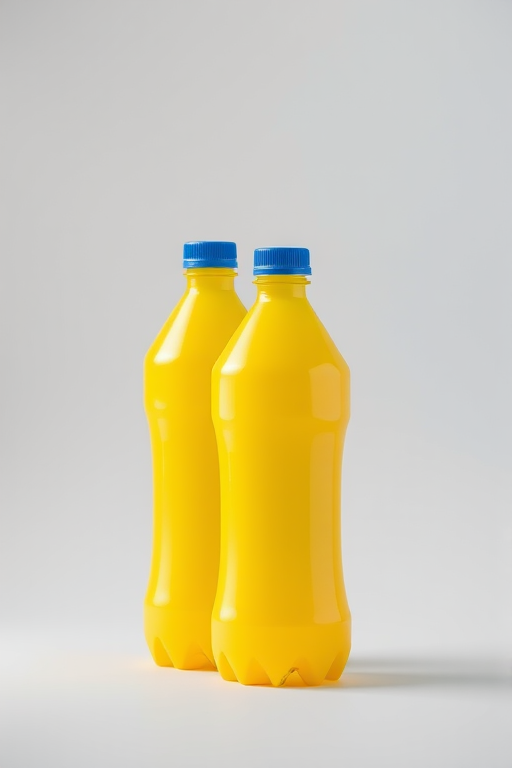 Create a high-resolution image of two yellow plastic bottles with blue caps, shot in a bright studio lighting environment, using a Canon EOS R camera, 50mm lens, f/2.8 aperture, ISO 100, and a shallow depth of field for a clean background.