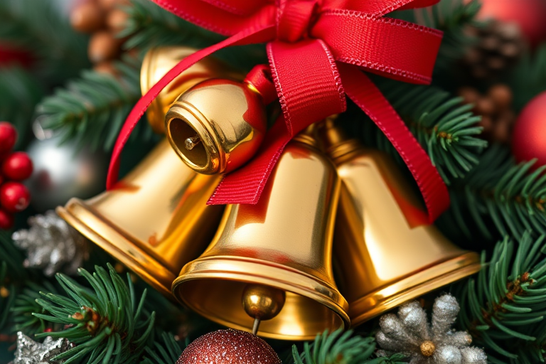 a close-up shot of a decorative Christmas arrangement featuring gold bells adorned with red ribbons, surrounded by pine leaves and festive embellishments, taken with a Canon EOS 5D Mark IV, aperture f/2.8, shutter speed 1/100 sec, ISO 200, natural lighting, shallow depth of field, focus on the bells