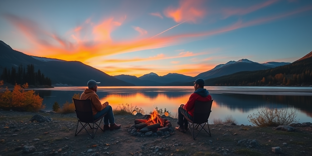 Create a serene landscape of two campers sitting around a campfire by a tranquil lake surrounded by mountains and trees during sunset, with vibrant autumn colors, using a DSLR camera with a 24mm lens, f/8 aperture, ISO 200, and a soft focus effect.