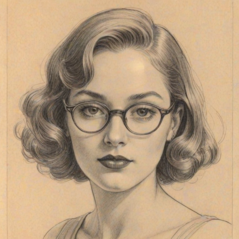 Lovely Chloe Fineman, pencil sketch, portrait of Alluring woman 1932s in glasses, hair style beatnik, outline, clear lines, fine lines, 8k