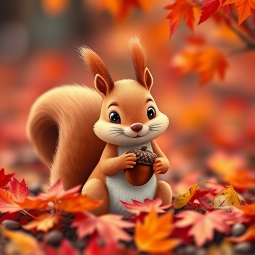 Generate a vibrant autumn scene featuring a cartoon squirrel holding an acorn, surrounded by lush red and orange leaves, using a DSLR camera with a 50mm lens, aperture set to f/2.8, ISO 200, and a shallow depth of field for a soft background blur.