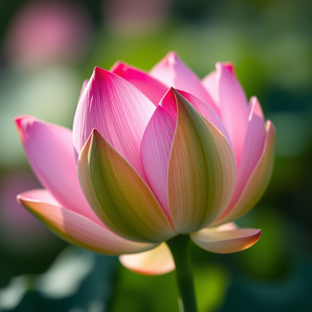 Close-up of a blooming pink lotus flower with green leaves, soft bokeh background, taken with a DSLR camera, f/1.8 aperture, 50mm lens, ISO 100, natural light, macro photography style.