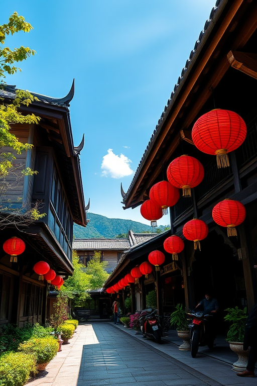 Recreate the image of a serene traditional village scene with wooden architecture, vibrant red lanterns, and lush greenery under a clear blue sky, using a DSLR camera with a 24mm lens, aperture f/8, ISO 100, shot in landscape orientation, with HDR effect to enhance details and colors.