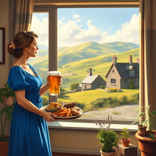 In "A Glass of Beer on the Highland," a serene scene is depicted in a sunlit room where a woman in a vibrant blue dress stands by a large window. She holds a tray with a hearty meal and a frothy glass of beer, embodying a moment of relaxation. Outside, the breathtaking highland landscape features rolling green hills and a charming traditional house, all bathed in warm afternoon light. The interior is adorned with potted plants, creating a harmonious blend of comfort and nature. The painting beautifully captures the tranquility and joy found in simple pleasures amidst stunning scenery